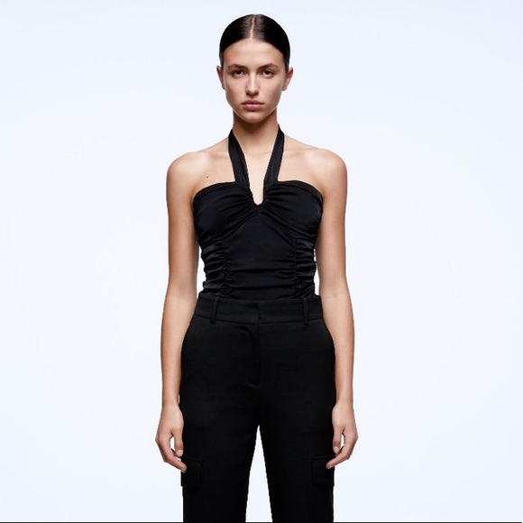 Zara Tops - Zara Black Satin Ruched Bodysuit